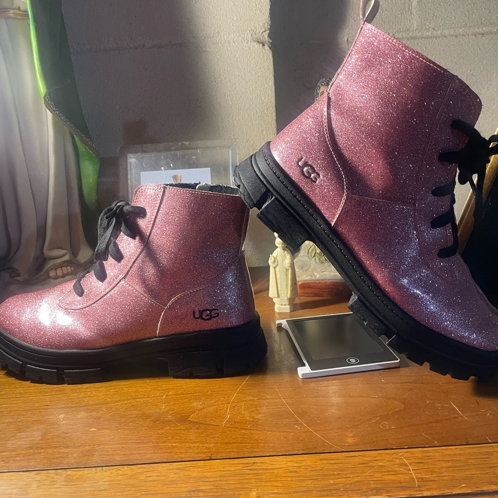 UGG Kids Pink Glitter Combat Boots